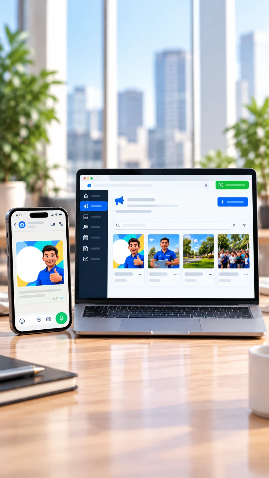 Celular recebendo no WhatsApp a arte com o candidato, e o painel do app Fotos com IA no notebook